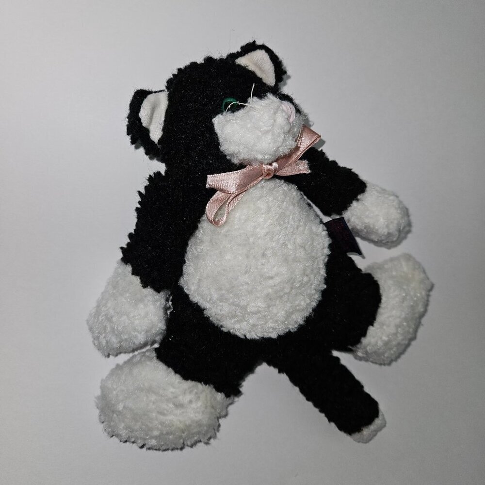 Boyds Bears Black White Cat Plush Flat Tuxedo Green Eyes Pink Bow Sherpa READ